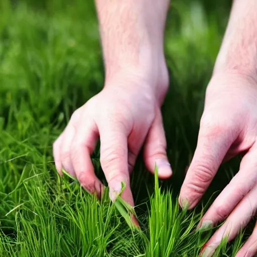 Prompt: a adult touching grass