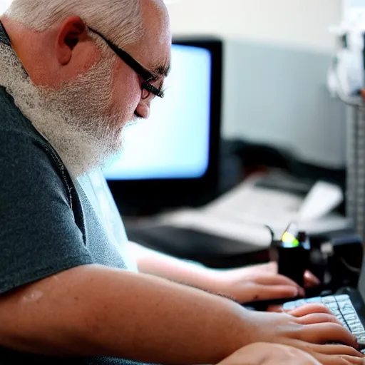 Image similar to a fat old man with a white beard typing on a mechanical keyboard in front of a computer, detailed,