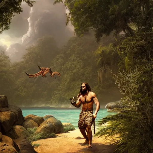 Image similar to a detailed matte painting of a ridiculously good looking jesus who is exploring the prehistoric jungle with his pet velociraptor, elegant ancient greek dress, jungle as the background, very detailed, beautiful, intricate, art by greg rutkowski and robert e howard, octane render