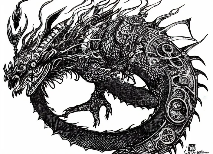 Prompt: black micron pen illustration, dragon with steam punk apparatus on its side, very fine detail, concept art, high detail, fine pen, white background, artstation