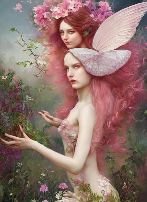 Image similar to a beautiful pink fairy with large wings and long flowing hair exploring her flower garden, style of tom bagshaw, extremely detailed, muted colors