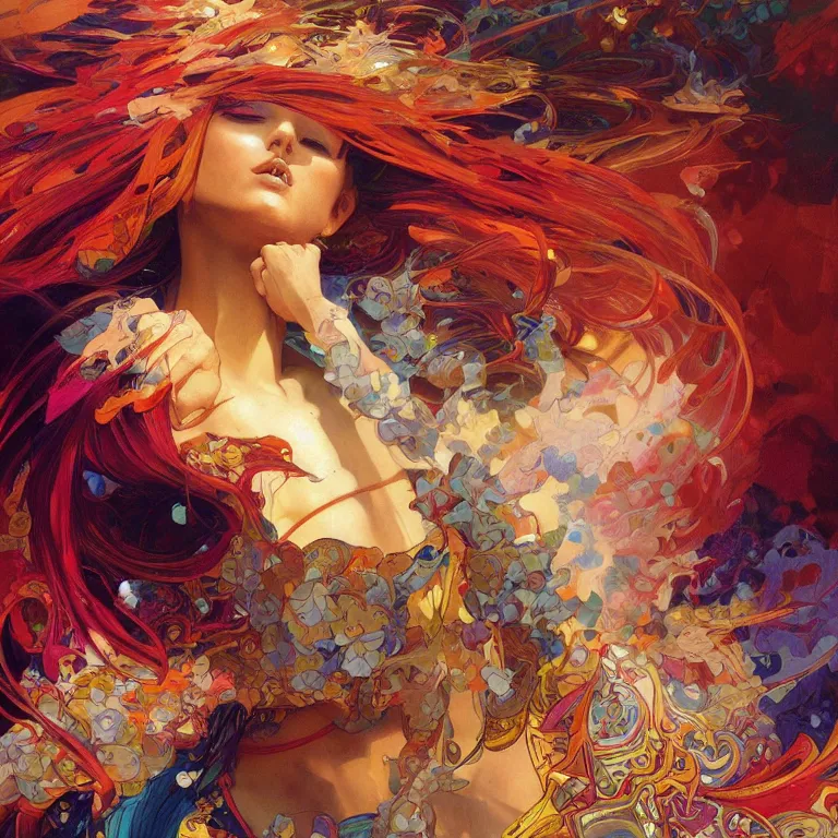 Prompt: fine art painting of an abstract explosion of vibrant color, artstation, cgsociety, very detailed, intricate, detailed illustration, by artgerm and greg rutkowski and alphonse mucha, sharp, smooth, masterpiece