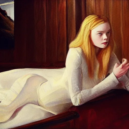 Image similar to Elle Fanning as an Android, oil on canvas, golden hour, artstation, by Andrew Wyeth and Edward Hopper,