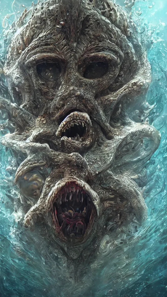 Image similar to ultra realist and ultra intricate detailed soft painting of an ancient creature angry boss in the ocean underwater environment, reflections, focus, detailed, realistic eyes, horizontal partial symmetry features proportions, intricate facial skin details, award winning, trending in cgsociety artstation deviant art, octane render