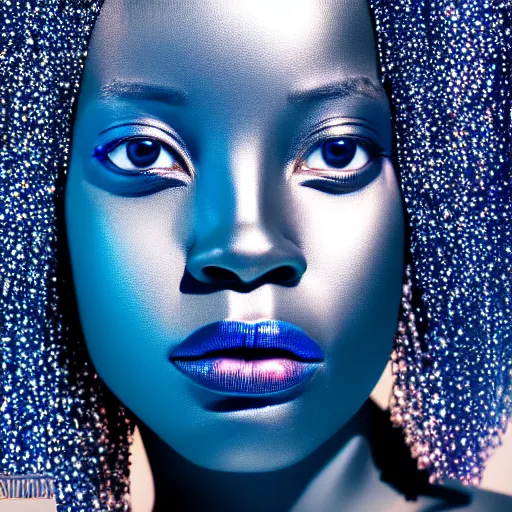 Prompt: portrait of metallic face, african woman, proud looking away, liquid metal, mercury, outdoor, blue sky, nature, 8 k, realistic, depth of field, highly detailed, award winning photography,