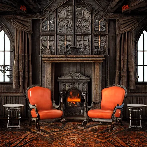 Prompt: a highly detailed realistic old world gothic cottage interior with fireplace, wooden chairs, leather chairs, old wood, night, warmth, photorealistic, insanely detailed and intricate, epic, volumetric haze, hyper realistic, elegant, ornate, elite, horror, creepy, ominous, haunting, cinematic lighting, metal plate photograph, orange, unreal engine, symmetrical, cinematic centered camera, high detail by Isaac Levitan, Frederic Church and Vasily Perov