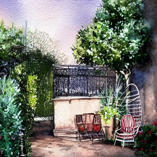 Image similar to delicate smoke, chairs, garden, paved, botanic watercolors, iridescent, 8 k, realistic shaded, fine details, artstation, italian, iron gate, tree, mediterranean, marvelous