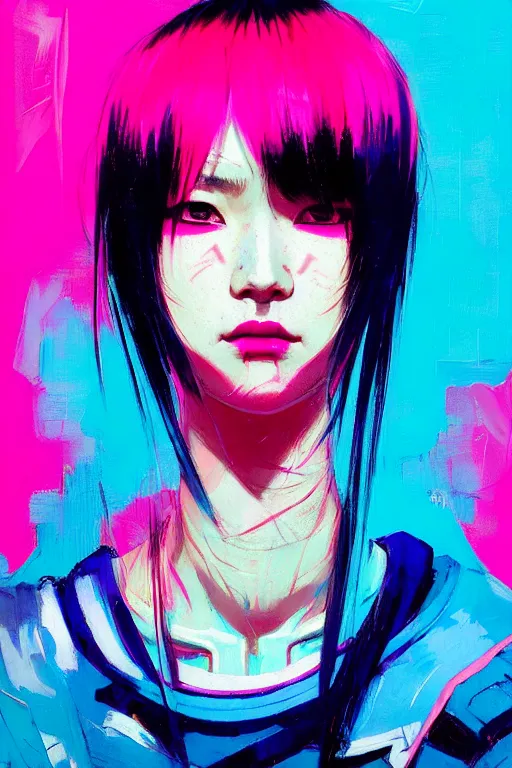 Prompt: portrait of a stylized japanese cyberpunk girl, painted in acrylic, pigment textures, in the colors hot pink and cyan, beautiful realistic face, rule of thirds, spotlight, by greg rutkowski, by jeremy mann, by francoise nielly, by van gogh, by ross tran, in focus