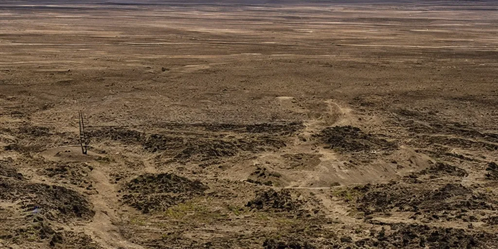 Prompt: a great unknowable tower piercing the ground in a small town on the eurasian steppe