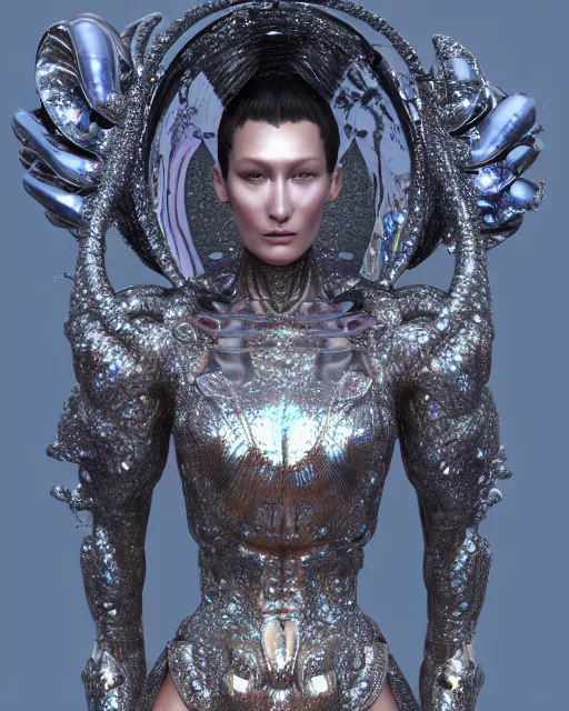 Image similar to a highly detailed metahuman 4 k close up render of an alien goddess bella hadid monument in iris van herpen armor schiaparelli in diamonds crystals swarovski and jewelry iridescent in style of alphonse mucha gustav klimt trending on artstation made in unreal engine 4