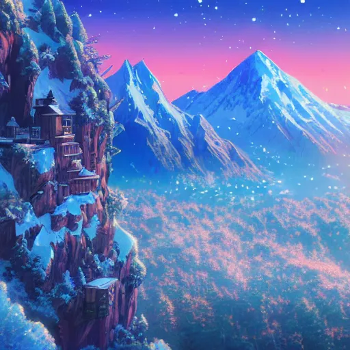 Image similar to the aesthetic view of the beautiful, grand, wistful, dreamy snowcapped mountain at dusk, hyperrealistic anime illustration by iralki nadar, colorful, extremely detailed, intricate linework, super sharp focus, bright colors, octopath traveler, studio ghibli, unreal engine 5 highly rendered, global illumination, radiant light, detailed and intricate environment