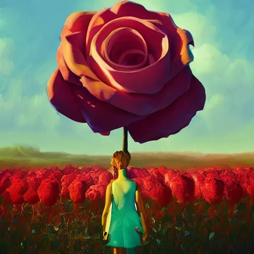 Image similar to portrait, giant rose flower head, girl in a suit, surreal photography, sunrise, blue sky, dramatic light, impressionist painting, digital painting, artstation, simon stalenhag