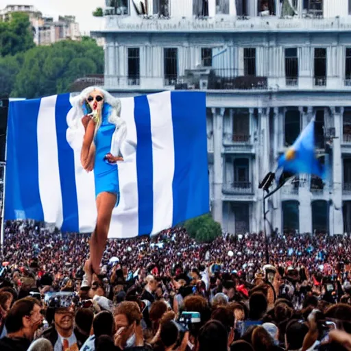 Image similar to Lady Gaga as president, Argentina presidential rally, Argentine flags behind, bokeh, giving a speech, detailed face, Argentina