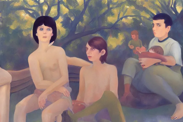 Prompt: beautiful painting of friends, beautiful faces, sitting on the edge, cute, soft light, digital painting by diane arbus and ralph mcquarrie and harry bertoia and carle eric