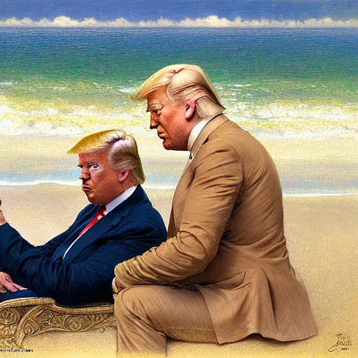 Image similar to joe biden and donald trump enjoying their time together at the beach. highly detailed painting by gaston bussiere, craig mullins, j. c. leyendecker, alphonse mucha 8 k