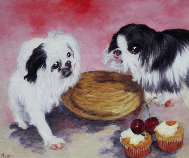 Image similar to white and black japanese chin dog eating cherry muffins, water painting, monet