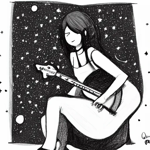Prompt: a sketch drawing, a girl with a guitar in her hands is sitting on the bed, a view of the window, a starry sky, scattered notes by gabo mendoza, trending on artstation