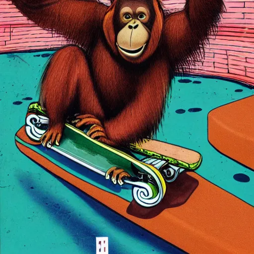 Prompt: an orangutan riding a skateboard on a half pipe, 9 0 s magazine, hype, award winning, highly detailed, high quality, high resolution