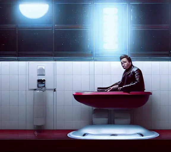 Image similar to hyperrealism aesthetic ridley scott and denis villeneuve style photography of a detailed hyperrealism elon musk, siting on a detailed hyperrealism toilet and scrolling his detailed smartphone in hyperrealism scene from detailed art house movie in style of alejandro jodorowsky and wes anderson volumetric ambient light