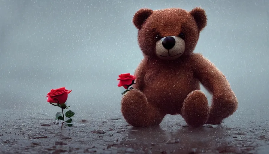 Image similar to Lonely teddy bear holding his rose under the rain, muddy road, hyperdetailed, artstation, cgsociety, 8k