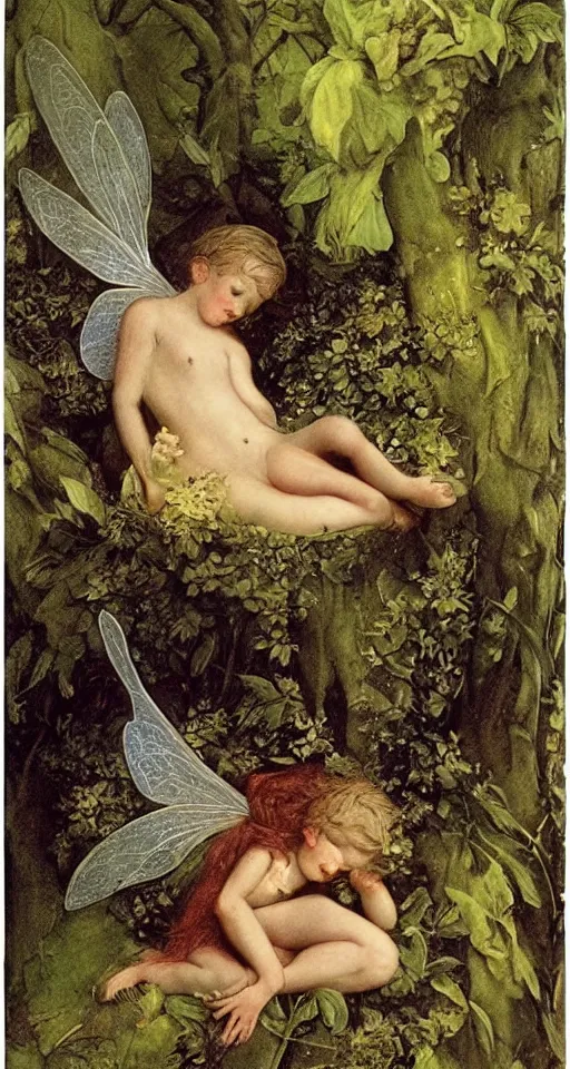 Prompt: a small fairy in a dewy mushroom, art by J. A. Fitzgerald, Richard Dadd, Henry Fuseli, beautiful chararacter art, highly detailed, ethereal, beautiful