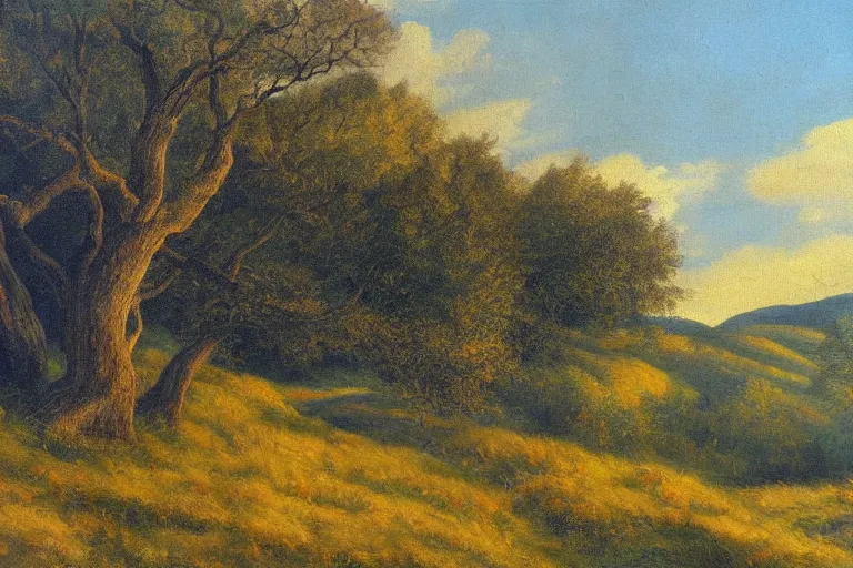 Prompt: masterpiece painting of oak trees on a hillside overlooking a creek, dramatic lighting, by lemoine fitzgerald