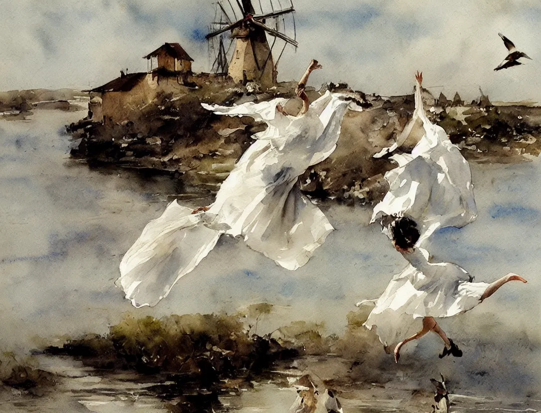 Prompt: watercolor by anders zorn, flying birds, water, white dress, windmill