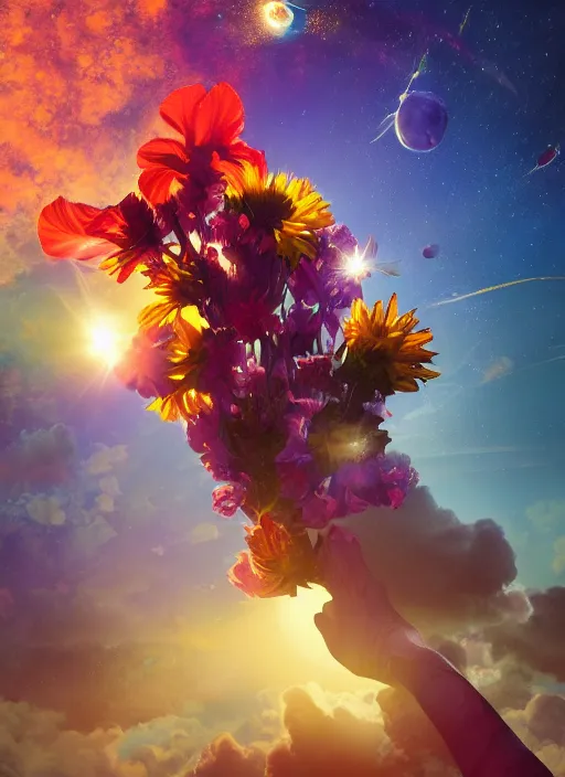 Image similar to An epic fantastic realism comic book style painting of the most beautiful flowers launched into space, bouquets and solar flares, fisheye lens, unreal 5, DAZ, hyperrealistic, octane render, dynamic lighting