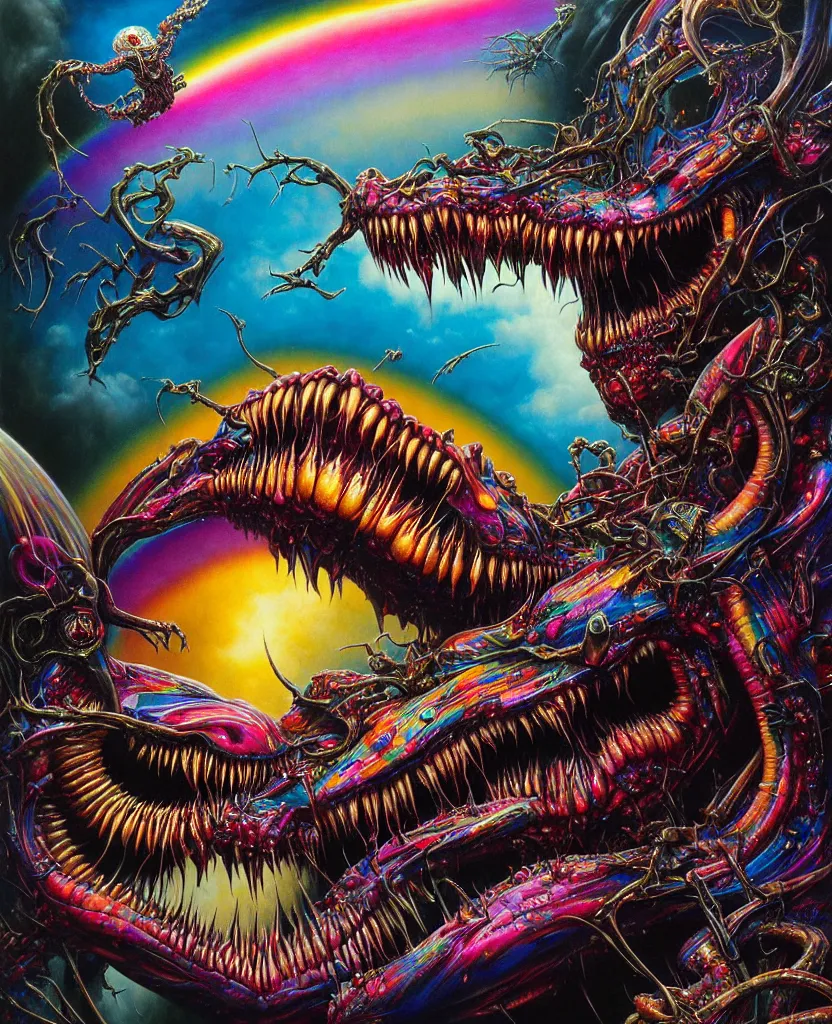 Prompt: realistic detailed image of ultra wrathful rainbow diamond nightmare mega venom, depth perception, depth of field, action horror by lisa frank, ayami, kojima, amano, karol bak, greg hildebrandt, and mark brooks, gothic, rich deep colors. beksinski painting, part by adrian ghenie. art by hr giger. masterpiece