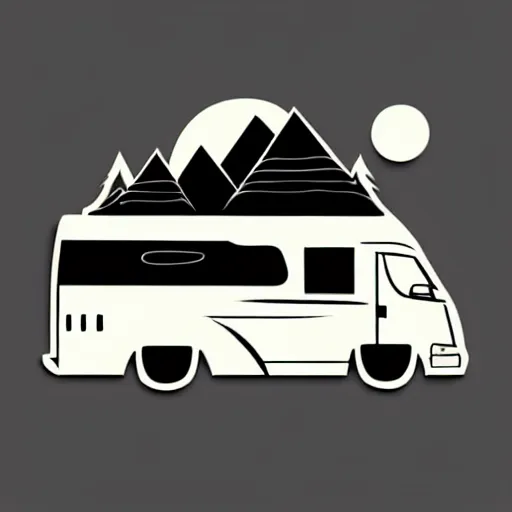 Image similar to a white and black cute thor chateau! motorhome camper!!, highway, colorful mountains and sunset!!, very happy, minimal vector sticker by tom whalen, sanja stikovic