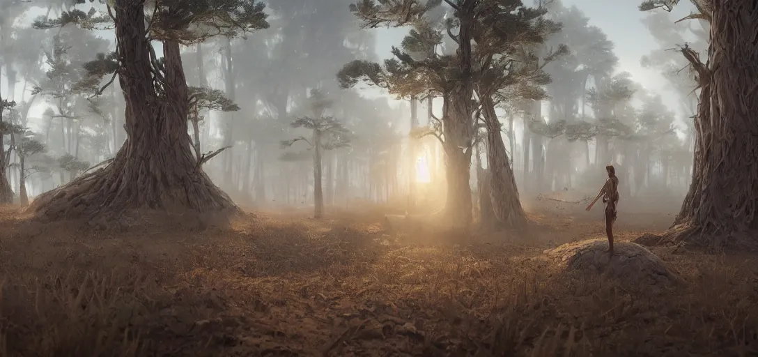 Image similar to hyperrealistic beautiful cinematic cyborg time traveler, desert, pine forest, stunning 3 d render inspired by istvan sandorfi & greg rutkowski, perfect symmetry, dim volumetric cinematic lighting, 8 k octane comprehensive render, extremely mega hyper - detailed and lifelike attributes & atmosphere, intricate, realistic flesh texture, masterpiece, artstation, stunning,