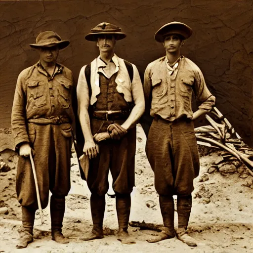 Image similar to ultra detailed photorealistic sepia - toned photo from 1 9 1 7, three clean - shaven british soldiers standing with two bedouin traders, at an archaeological dig site, ultra realistic, painted, intricate details, lovecraft, atmospheric, dark, horror, brooding, highly detailed, by clyde caldwell