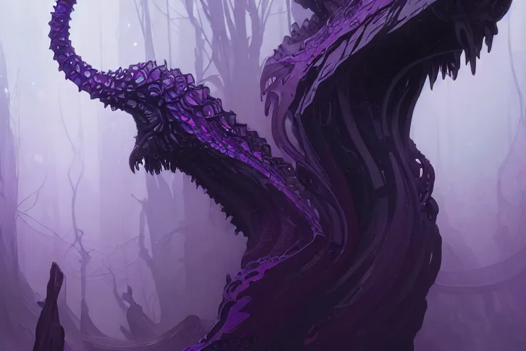 Prompt: concept art, view from afar of a crystal hydra, d & d creature, by greg rutkowski and alphonse mucha, gradient black to purple, monoliths in a dark forest background, highly detailed, digital painting, artstation, concept art, smooth, sharp focus illustration, artstation hq