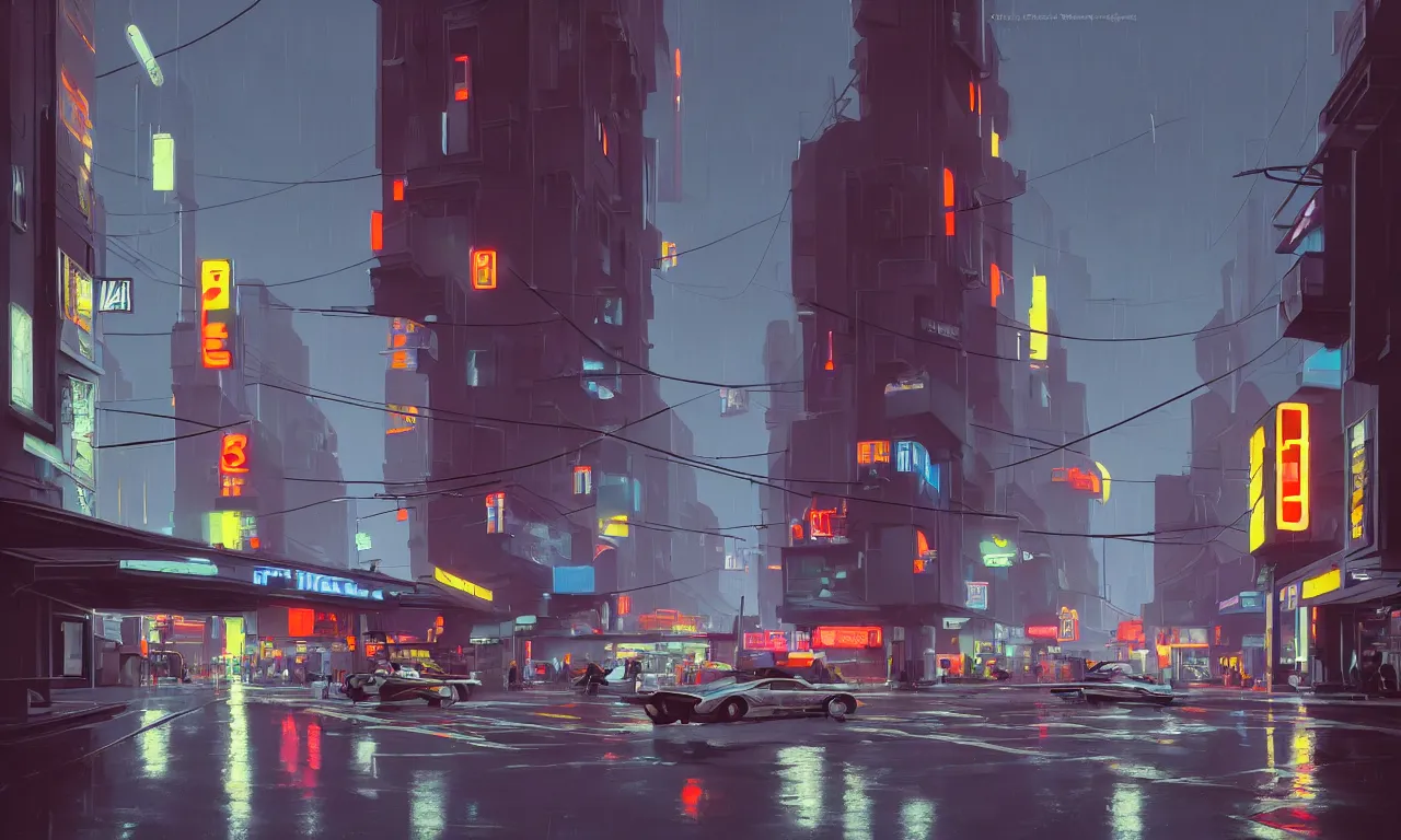 Prompt: photorealistic streetscape, simple brutalist architecture, metal, concrete, wet streets, white neon lights, colorful neon signs, flying vehicles, pedestrians, syd mead, ralph mcquarrie, doug chiang, concept art, matte painting, finely detailed, minimal artifacts, rule of thirds, dynamic lighting, cinematic, denoised, centered, artstation