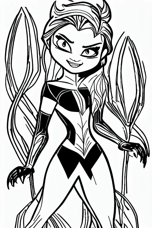 Prompt: figure princess wolverine, in the coloring book style, black and white, cartoon, disney style, frozen style, marvel style