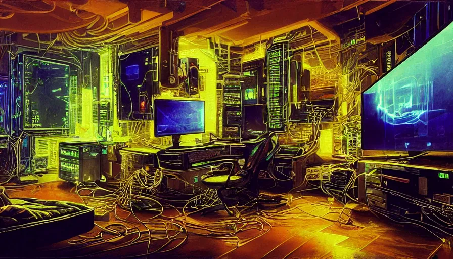 Image similar to A highly detailed rendering of a Cyberpunk hackers bedroom which has sophisticated hi-tech holographic wall boards and screens surrounded by messy cables, soft neon yellow lighting, reflective surfaces, sci-fi concept art, by Syd Mead, by H.R.Giger, highly detailed, oil on canvas