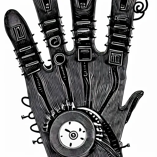 Image similar to streampunk clockwork hand, black and white line art