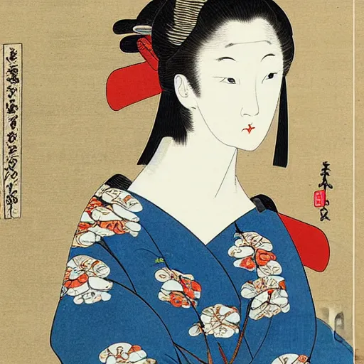 Image similar to Renaissance oil painting, ukiyo-e, surreal, manga young lady flowers