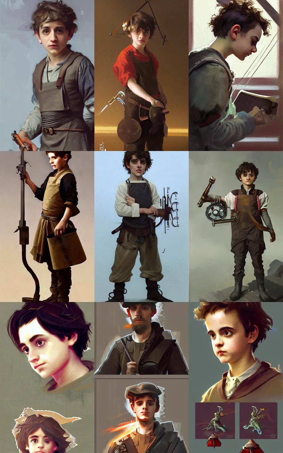 Prompt: character concept portrait of focused Jack dylan Grazer as a Artificer crafting a clockwork mechanism, tinker workshop, blacksmith apron, digital painting, concept art, smooth, sharp focus, illustration, from Metal Gear, by Ruan Jia and Mandy Jurgens and William-Adolphe Bouguereau, Artgerm