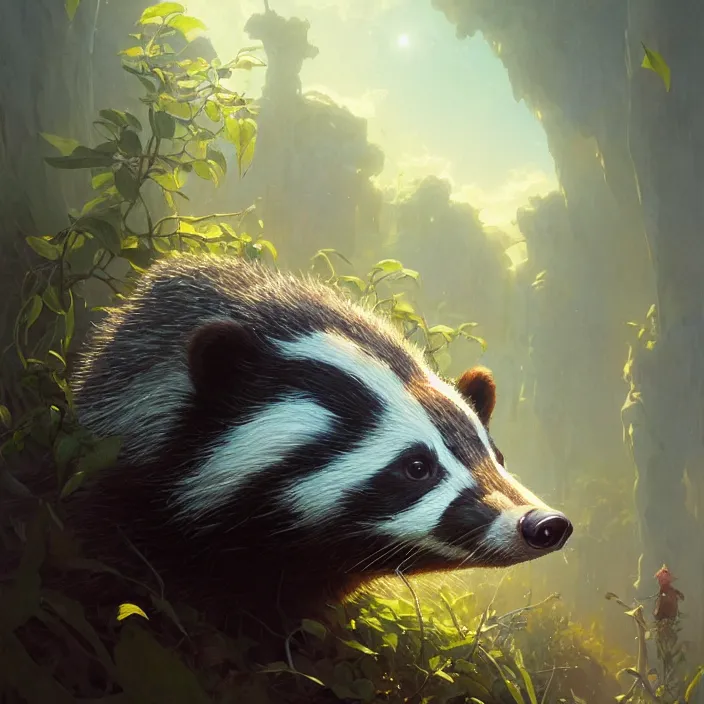 Image similar to highly detailed portrait of a cute badger, unreal engine, fantasy art by greg rutkowski, loish, rhads, ferdinand knab, makoto shinkai and lois van baarle, ilya kuvshinov, rossdraws, tom bagshaw, alphonse mucha, global illumination, radiant light, detailed and intricate environment