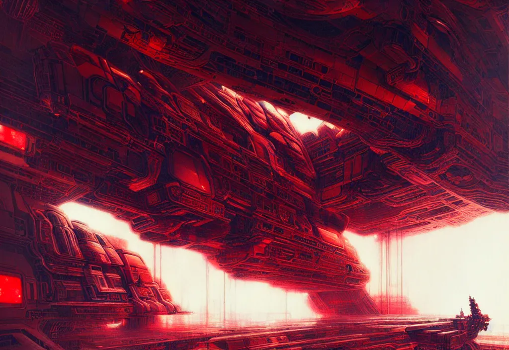Prompt: inside a gigantic and intricate spaceship full of clouds, realistic, beautiful, dark, red, cool, cyberpunk, futurist, abstract, experimental, vibrant, highly detailed, industrial, cosmos, organic, by katsuhiro otomo and greg rutkowski