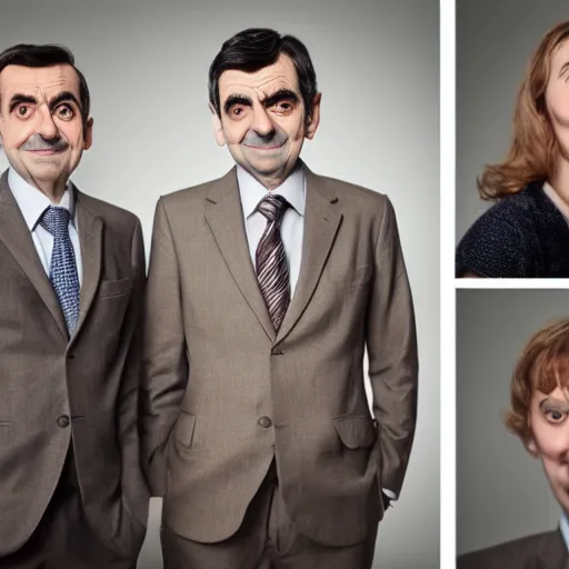 Image similar to A portrait mr bean teams up with a teenage mr bean and a female Mr Bean, everyone has a Mr Bean face, perfect faces, 50 mm, award winning photography