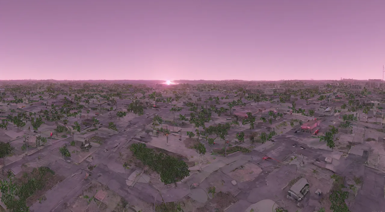 Prompt: hdr map of gta san andreas evening, pink sky, photorealistic, hyper detailed, hyper realistic, houdini, vfx, unreal engine 4, octane render, 8 k