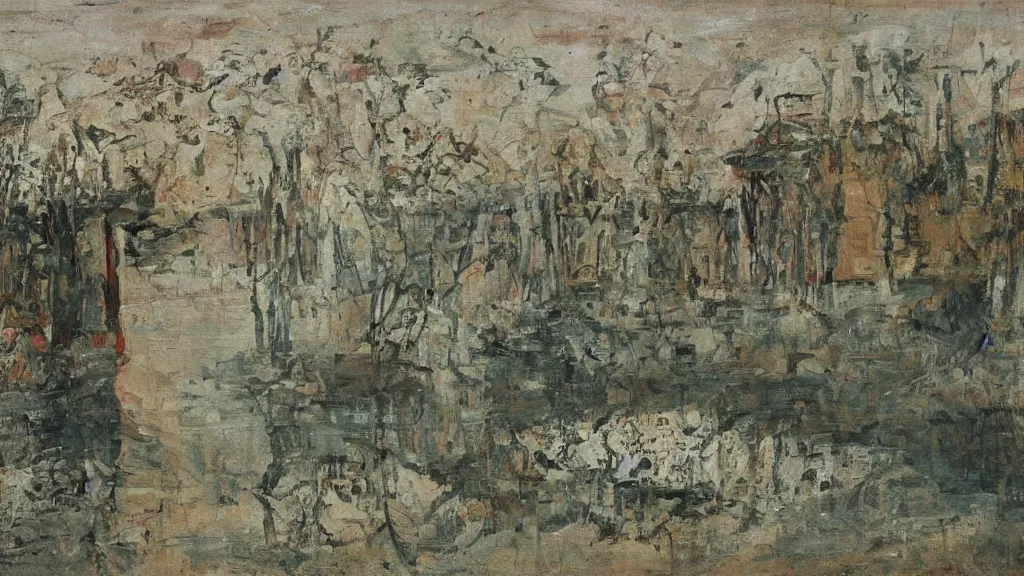 Image similar to a chinese prison near a river by peter doig, muted colors