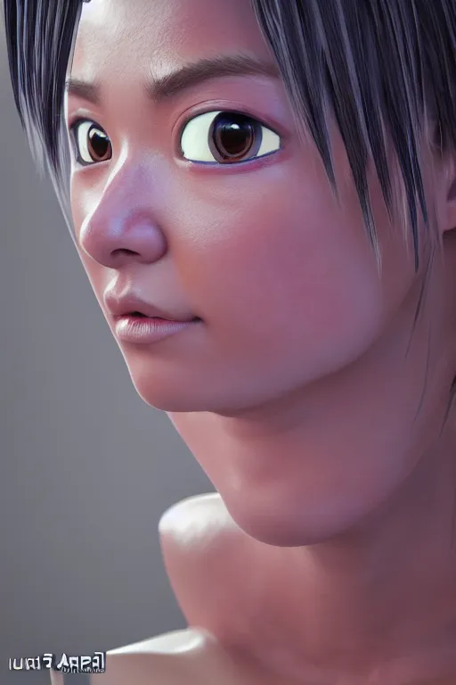 Image similar to photorealistic high resolution 3d render of kawaii female goku, unreal engine 5, trending on artstation, volumetric lighting, subsurface scattering, highly detailed realistic human skin texture