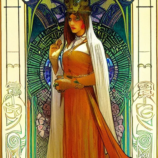 Image similar to bright, proud portrait of pagan queen libuse from slavic tales by alfons mucha