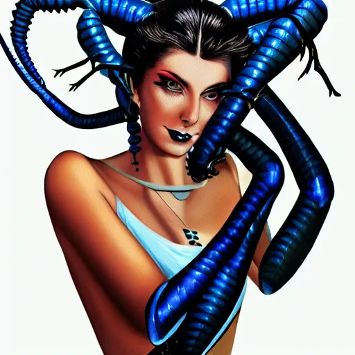 Image similar to woman holding bionic blue black scorpion, 1 9 8 0's art, retro art, airbrush style, intricate, elegant, sharp focus, illustration, highly detailed, concept art, matte, sharp focus, illustration, highly detailed, h 8 0 0 c 1 0. 0