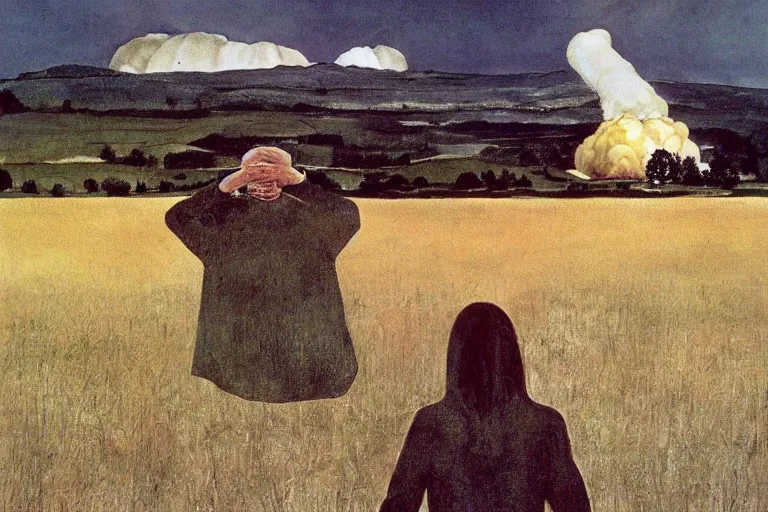 Prompt: painting Christina's World by Andrew Wyeth and nuclear explosion in the background,