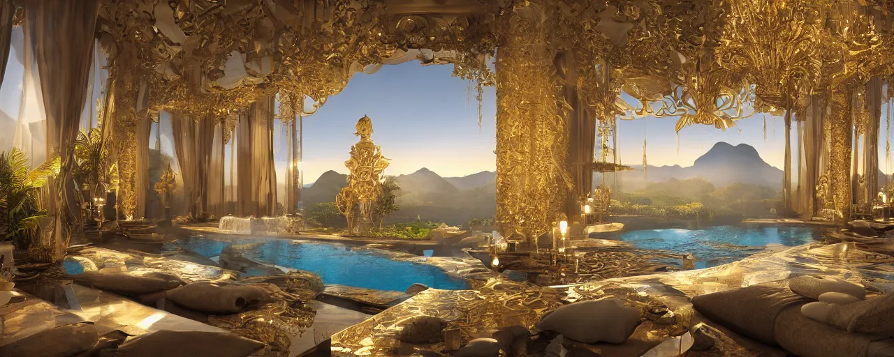 Image similar to surreal hyper luxury spa with intricate golden details with view to arid mountains and palm forest, god rays, candles, ultra detailed, photorealism, sharp focus, volumetric light, global illumination