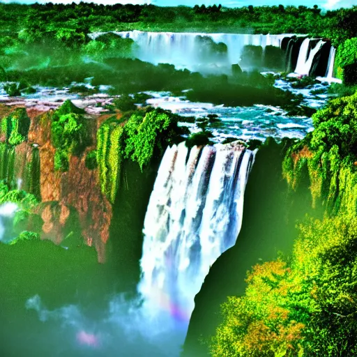 Image similar to iguazu falls, retrowave epic art, trending on art station